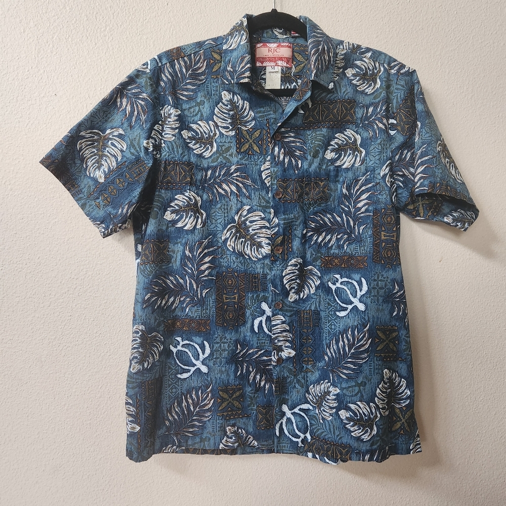 RJC Men's Aloha Hawaiian Print Button-Up Short Sleeve Shirt Blue Made in HI